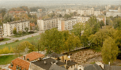 Panorama of Braniewo in 1992 from St. Catherine's Church looking north, showing old town cellars hidden by greenery and 1960s blocks