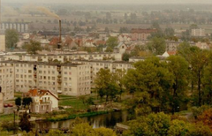 Panoramic view of Braniewo town in 1992 with historic buildings and greenery