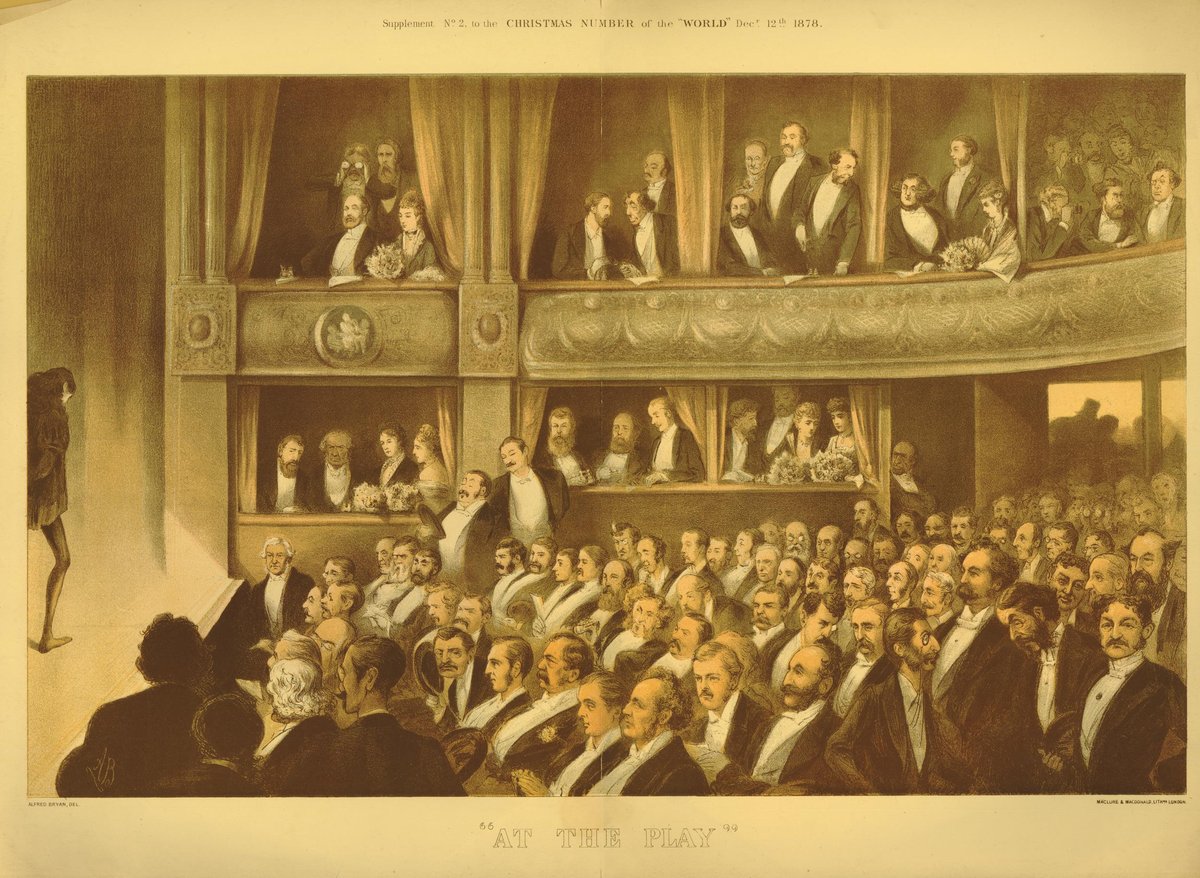 Victorian theatre spectators watching Henry Irving on stage, with two tiers of theatre boxes and notable figures including the Prince and Princess of Wales