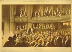 Victorian theatre spectators watching Henry Irving on stage, with two tiers of theatre boxes and notable figures including the Prince and Princess of Wales