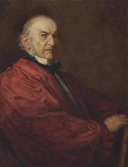 Portrait of William Ewart Gladstone seated in crimson robes with white collar