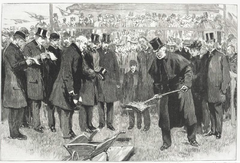 Ceremony of cutting the first sod of the Wirral Railway near Hawarden Bridge in 1892 by William Gladstone with a silver-mounted spade
