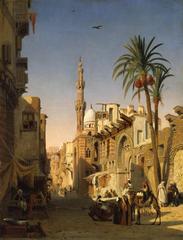 Vintage painting of Ezbekiyah Street in Cairo with people and horse carriages