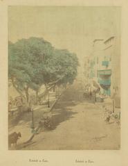 Historic street view of the Asbakeya district in Cairo with buildings and streets visible in color