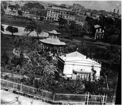 Historic theatre in Esbekieh Garden Cairo with Chinese pavilion and lake around 1872