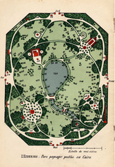 Plan of the Ezbekieh Public Landscape Park by Gustave Delchevalerie showing numbered trees and facilities