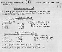 Timetable no 548 of Generaldirektion der Ostbahn in Kraków dated August 3, 1942 for special train Warszawa Gdańska to Treblinka