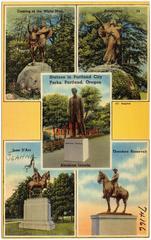 Statues in Portland city parks, Oregon, depicting various figures surrounded by trees and a park setting