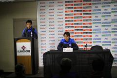 Hong Myung-bo speaking at a post-match press conference after South Korea's 4-0 defeat to Mexico at Alamodome, San Antonio
