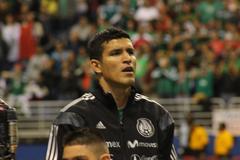 Francisco Javier Rodriguez standing during Mexico's national anthem before international friendly match against South Korea at the Alamodome