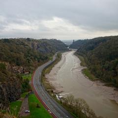 Aerial view of the A4 road running along the Avon Gorge in Clifton, Bristol with surrounding greenery and cliffs