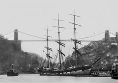 Full rigged ship Arethusa docked in Bristol harbor