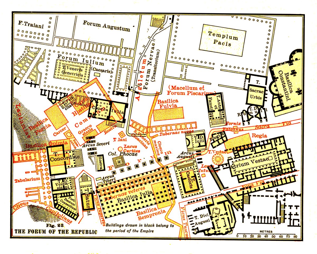 Reconstructed color map of the Forum Romanum in ancient Rome with highlighted buildings