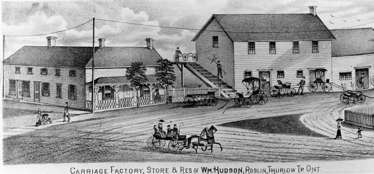 Drawing of William Hudson's carriage factory, store, and residence in Roslin, Ontario from 1878 Historical Atlas