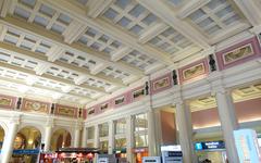 Interior of Waterfront Station in Vancouver Canada with wooden ceiling and modern design
