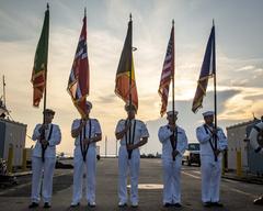 Sailors from Standing NATO Maritime Group 1 perform color guard at Portuguese navy frigate NRP Dom Francisco de Almeida during port visit at Naval Station Norfolk