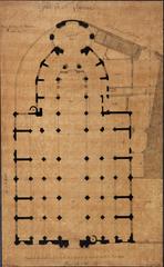 Architectural floor plan drawing of Saint Laurent Church ground floor from 1814 by Avrilliet-Grange showing sections like nave, choir, sanctuary, chapels and sacristies with adjacent streets and garden pathways
