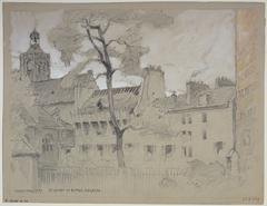 Drawing of Saint-Laurent Church and 66 Boulevard Magenta, Paris, 1927, showing church facade, tree, and street buildings