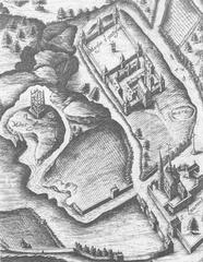 Medieval depiction of Gibet de Montfaucon with Saint Laurent Church and former Pestiférés House at Saint-Louis hospital site on Vassalieu map