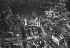 Aerial photo of Saxon Square in Warsaw in early 1920s with Alexander Nevsky Cathedral, Saxon Palace, Brühl Palace, Saxon Garden, Gmach Zachęty and iconic streets Królewska and Krakowskie Przedmieście