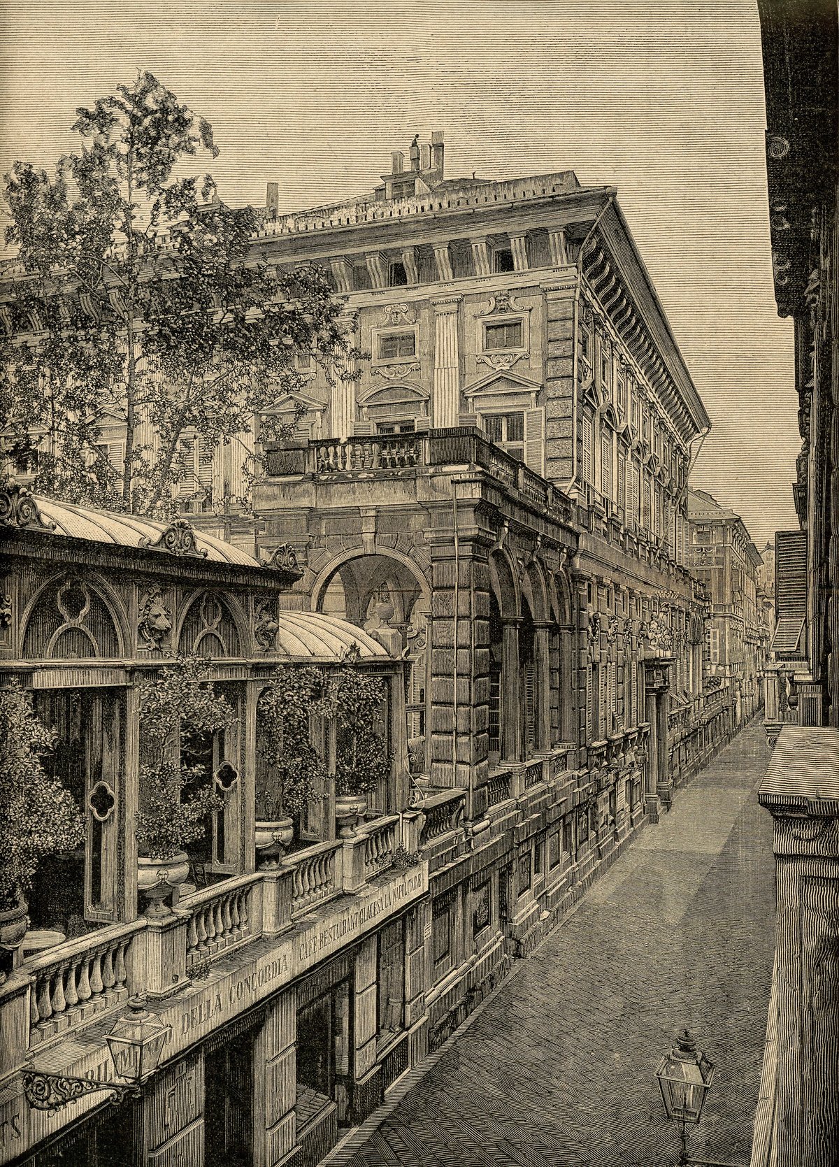 Historic Palazzo Tursi in Genoa, the city hall building, depicted in an old wood engraving