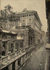 Historic Palazzo Tursi in Genoa, the city hall building, depicted in an old wood engraving