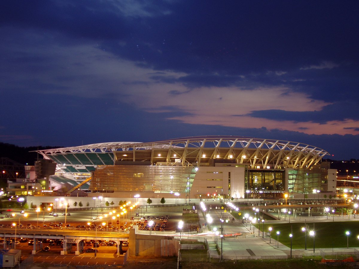 Exterior view of Paul Brown Stadium in Cincinnati at dusk