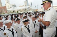 Admiral Vern Clark answering questions to U.S. Naval Sea Cadet Corps, Navy Reservists, and NROTC cadets at Paul Brown Stadium plaza