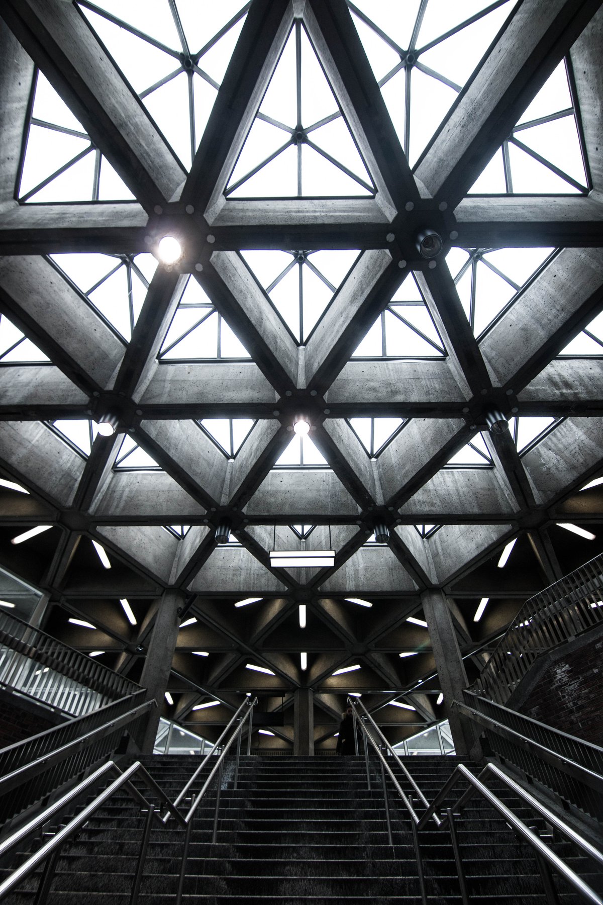 Interior of Place Saint-Henri metro station with concrete support beams