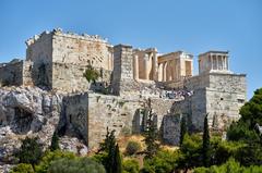 The Acropolis from the Areopagus hill with clear blue sky on August 26, 2019