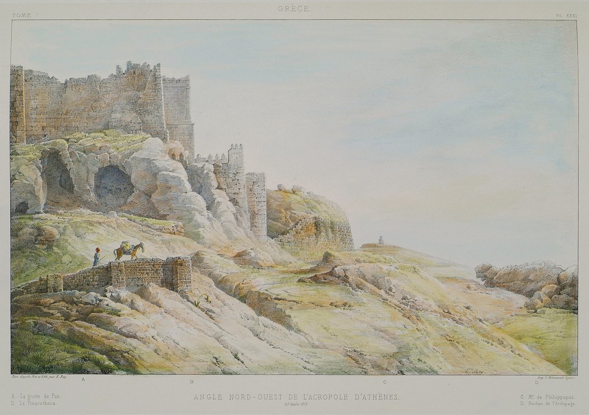 Northwest angle of the Acropolis of Athens detailed lithograph from 1867
