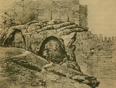 Illustration of the Cave of Pan, detailed drawing depicting ancient cave entrance and surroundings