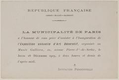 Invitation card for the inauguration of the 1919 Annual Decorative Art Exhibition in Paris