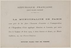 Invitation card to the inauguration of the Alsacian and Lorrain Applied Art Exhibition in 1919, Paris