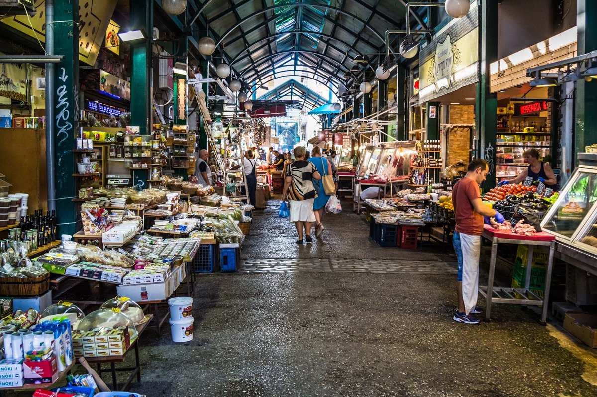 Inside view of Kapani covered market in Thessaloniki, Greece