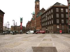 View from Vartov in Copenhagen with colorful buildings and greenery