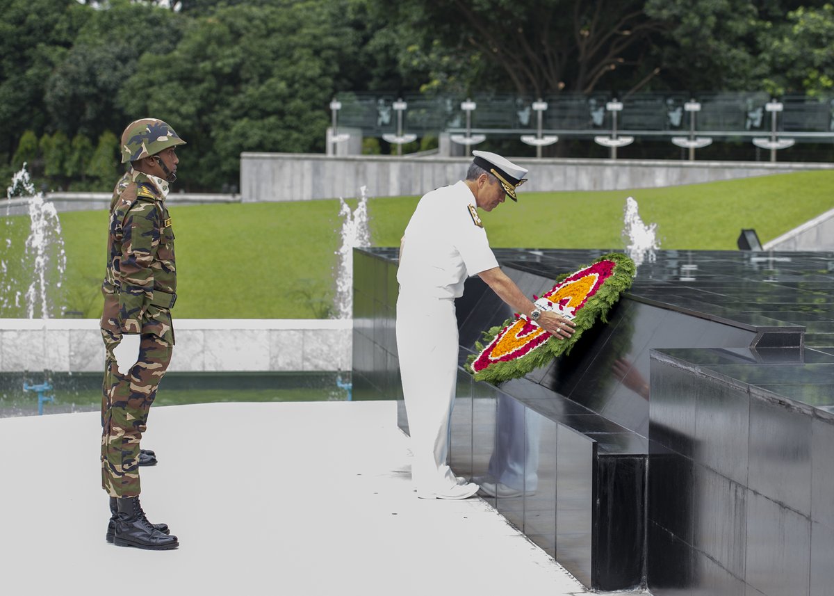 Adm. Harry Harris laying a wreath at the Skikha Anirban eternal flame in Dhaka, Bangladesh to honor 1971 liberation heroes