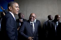 President Obama and President Jacob Zuma waiting in tunnel at soccer stadium