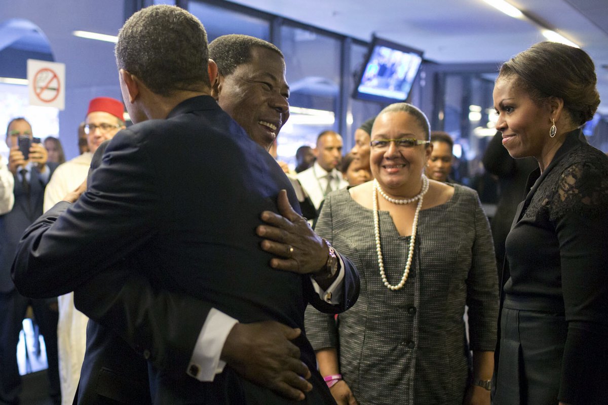 President Yayi Boni of Benin welcoming President Obama at Soccer City stadium for Nelson Mandela memorial