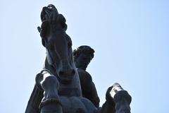 Close-up view of Sasuntsi Davit statue from below in Yerevan, Armenia