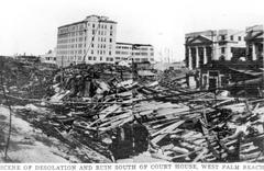 Devastation from 1928 Okeechobee hurricane in West Palm Beach Florida from south of courthouse