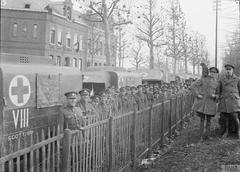 British Army 8th Scottish Motor Ambulance Convoy troops at Valenciennes during World War I 1918