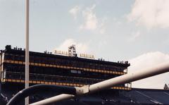 Michigan Stadium press box viewed from the south end zone through goal posts