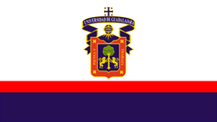 Flag of the University of Guadalajara UdeG with red and white colors featuring the university's emblem