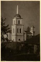 Historic black and white photograph of Vilnia, Duchaŭskaja street with the Cathedral Church of the Holy Spirit