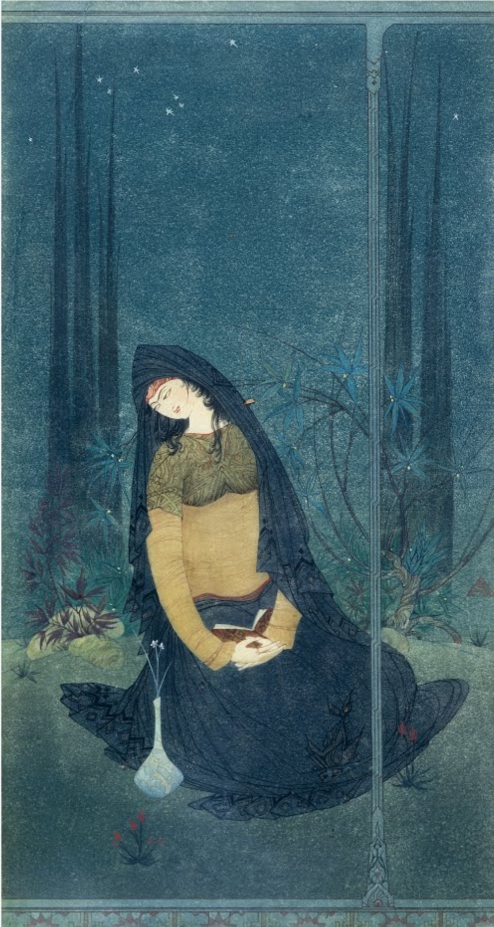 Poetess seated in a pavilion holding a book during the Night of Nishapur