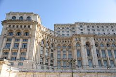 April 2018 cityscape of Bucharest with buildings and trees
