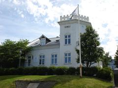 Front view of Gimli House in Reykjavík, Iceland with its distinct architectural style