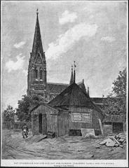 Exterior view of Johanneskyrkan (Saint John's Church) with old church in foreground and eastern facade in background, drawing by Carl Hedelin