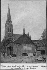 Exterior view of Johanneskyrkan (Sankt Johannes kyrka) church facing east with the old church in the foreground, drawing by Carl Hedelin